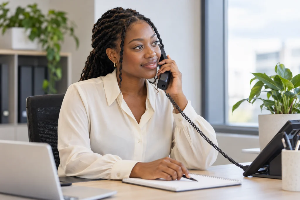 Representative recruitment image: speaking on a telephone at a tidy bright contemporary office desk