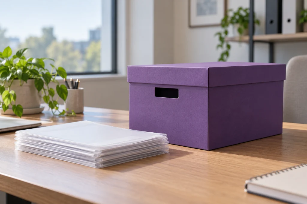 a matte purple archival storage box and neatly stacked plain document sleeves, no people