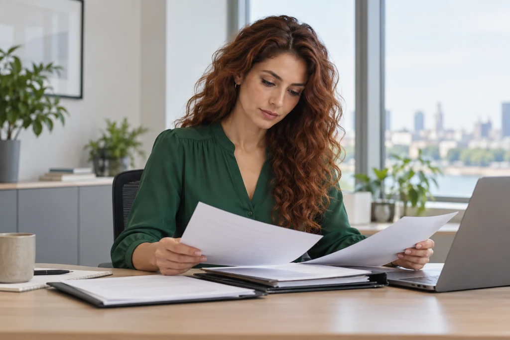 Representative recruitment image: reviewing plain HR documents at a modern office desk
