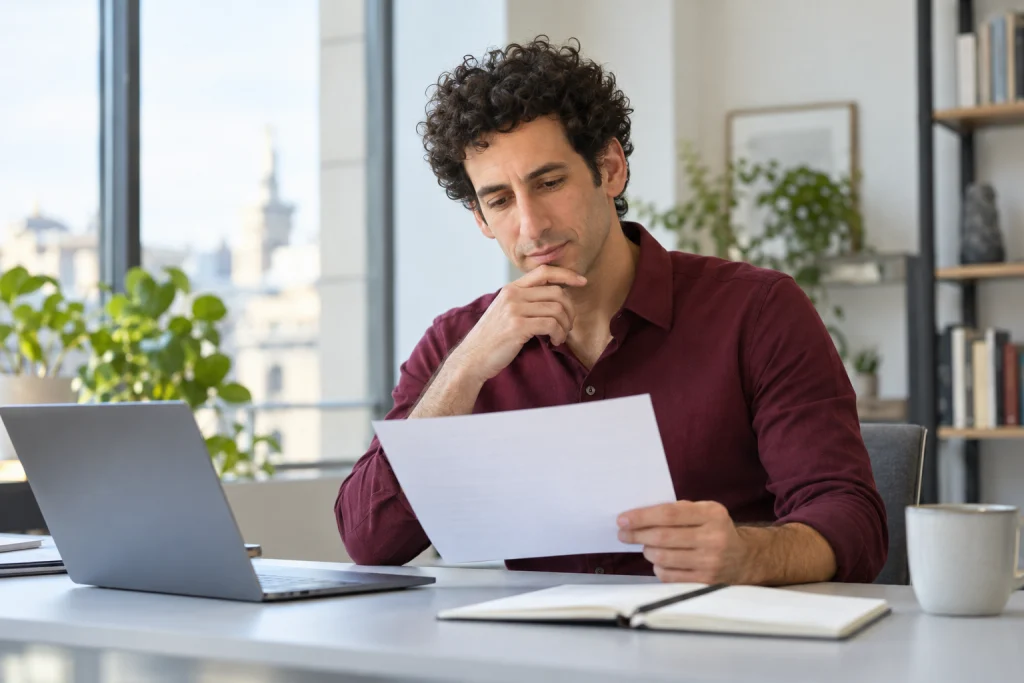 Representative recruitment image: considering a role brief at a bright modern office desk