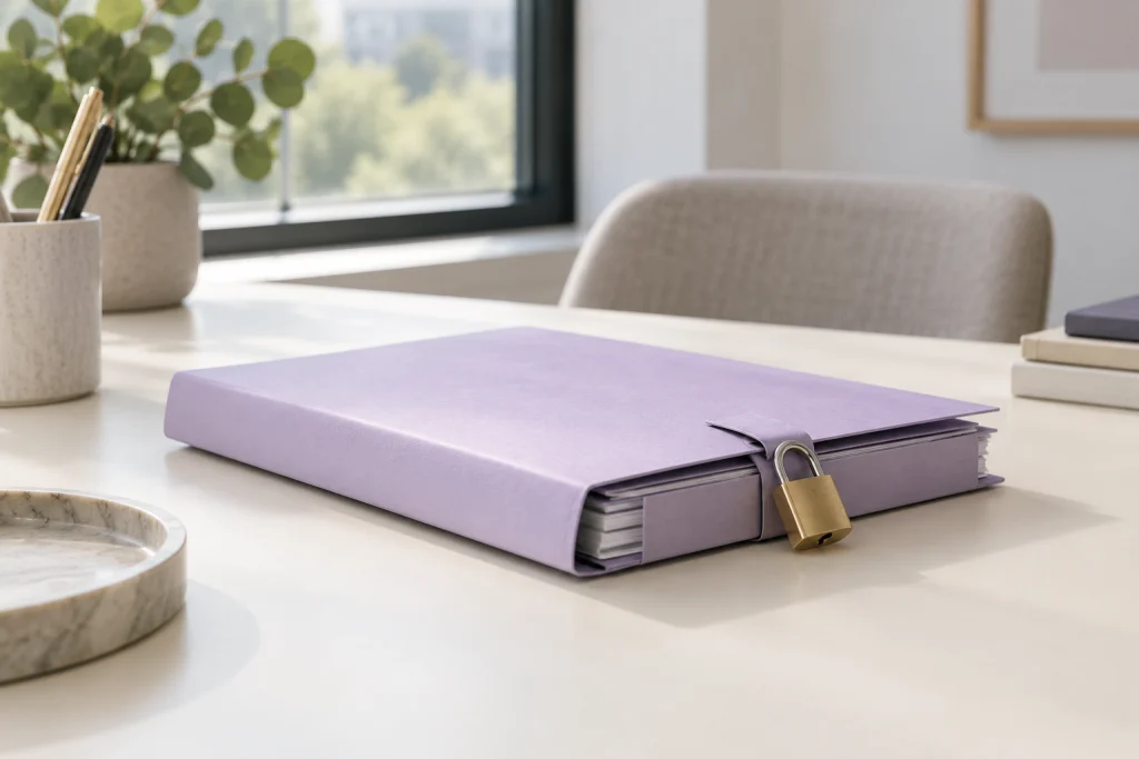 a closed pale lavender document folder with a small metal padlock on a clean cream desk, no people