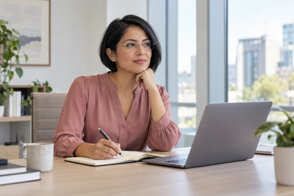 Representative recruitment image: sitting with a notebook in a bright contemporary office