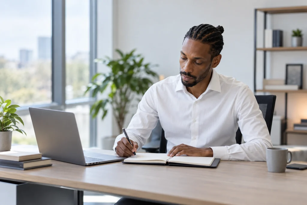 Representative recruitment image: planning work availability at a bright office desk with a plain diary