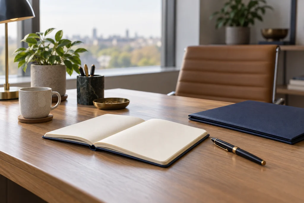 a plain open cream notebook and elegant dark pen beside a closed navy folder, no people