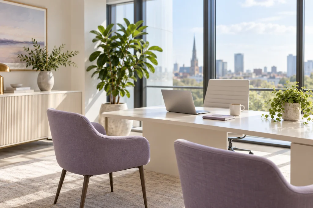 a welcoming empty contemporary workspace with lavender chairs, cream desk and leafy plant, no people