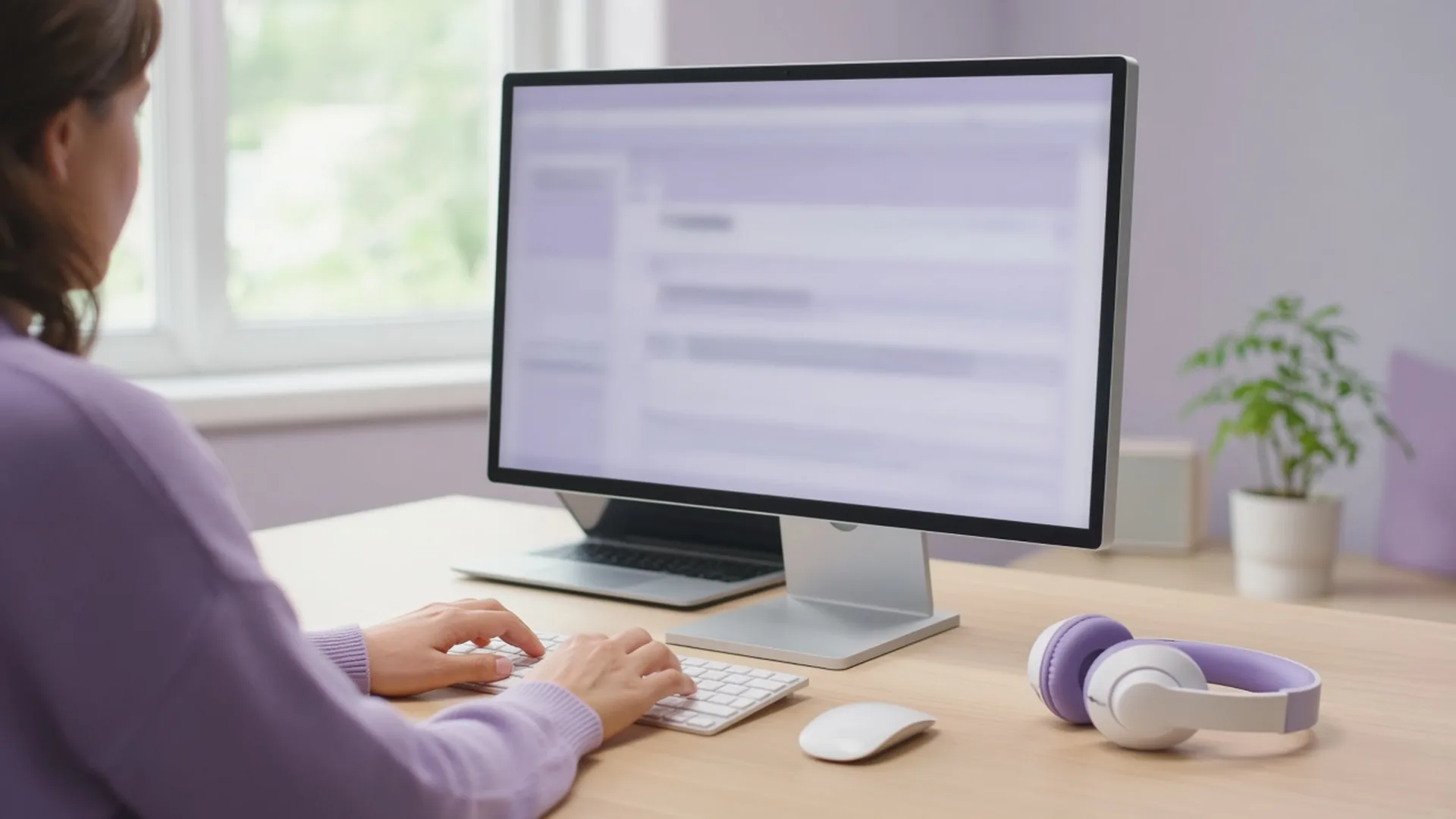Person using a large monitor and wireless keyboard at an accessible desk