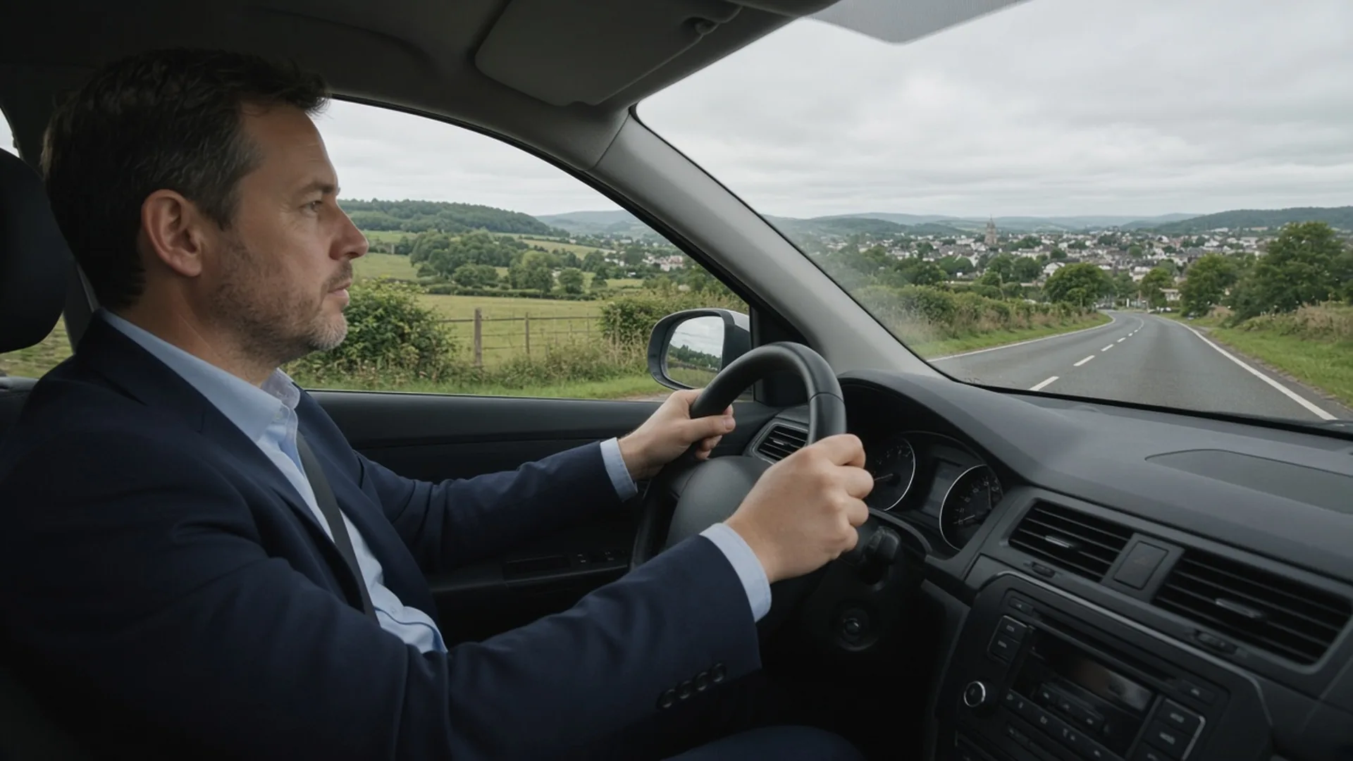 Consultant driving through East Midlands countryside to a client visit