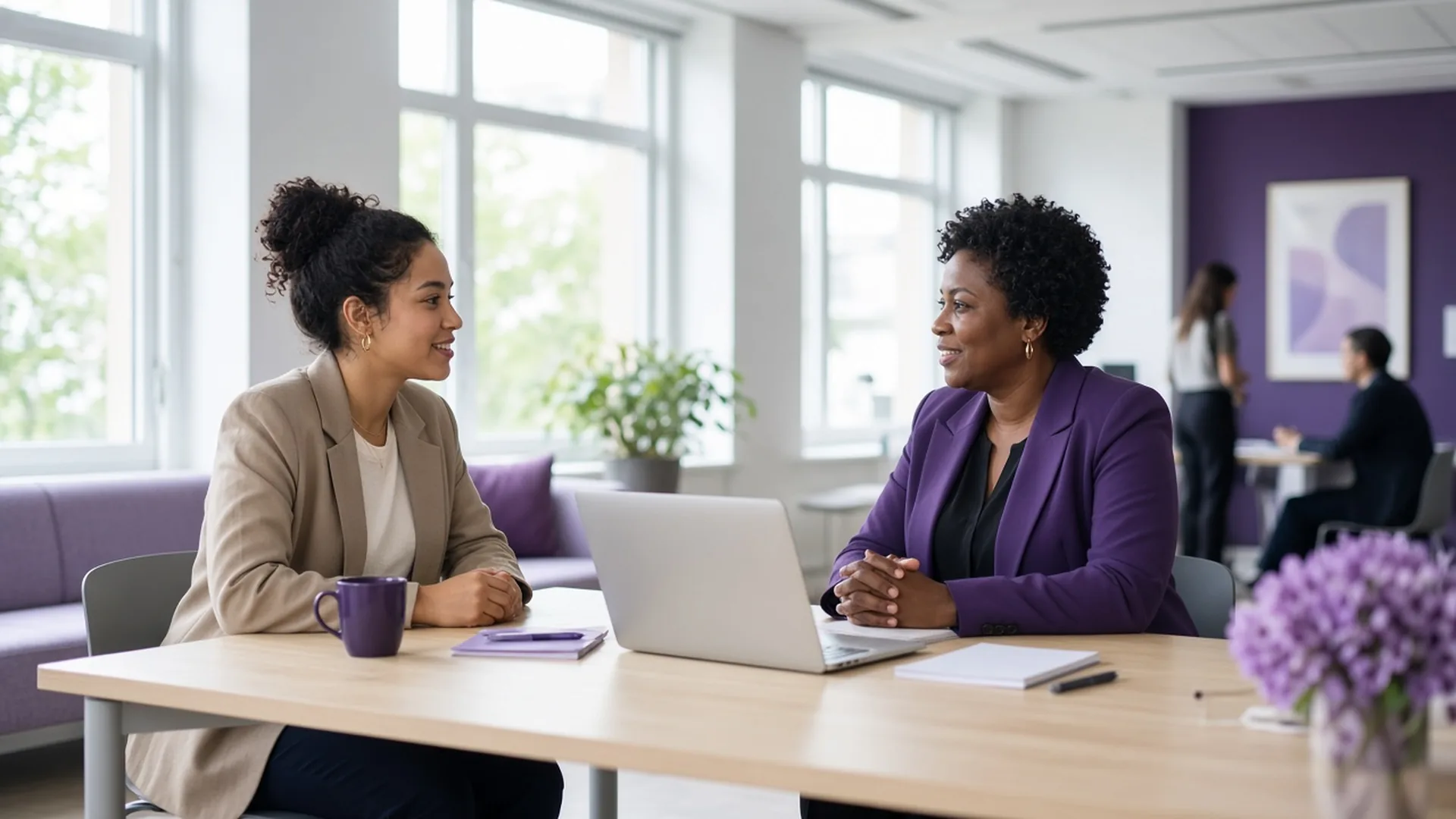 Recruitment consultant talking with a job seeker at a desk in a bright office