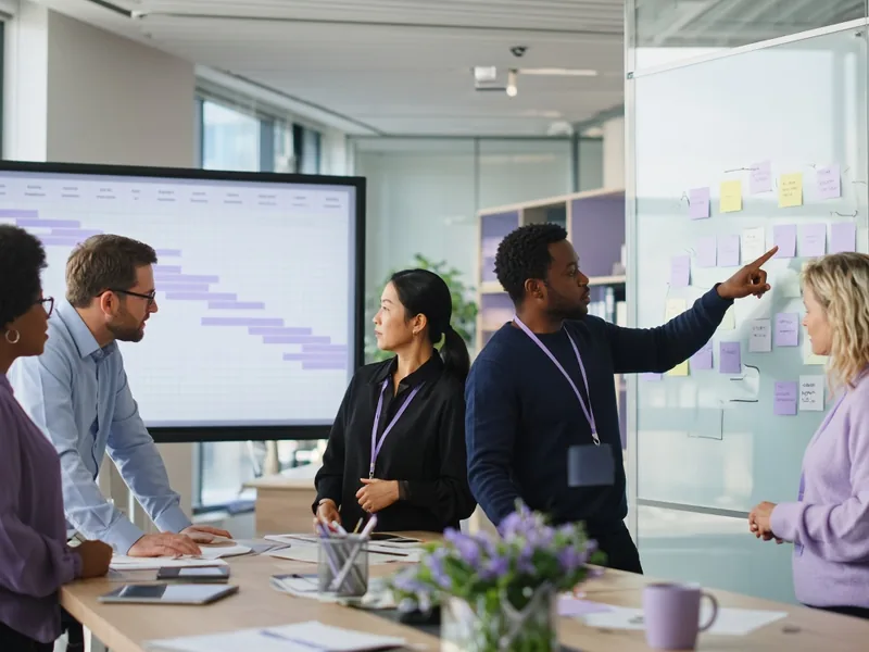 Operations team reviewing a project plan on a screen and a glass wall