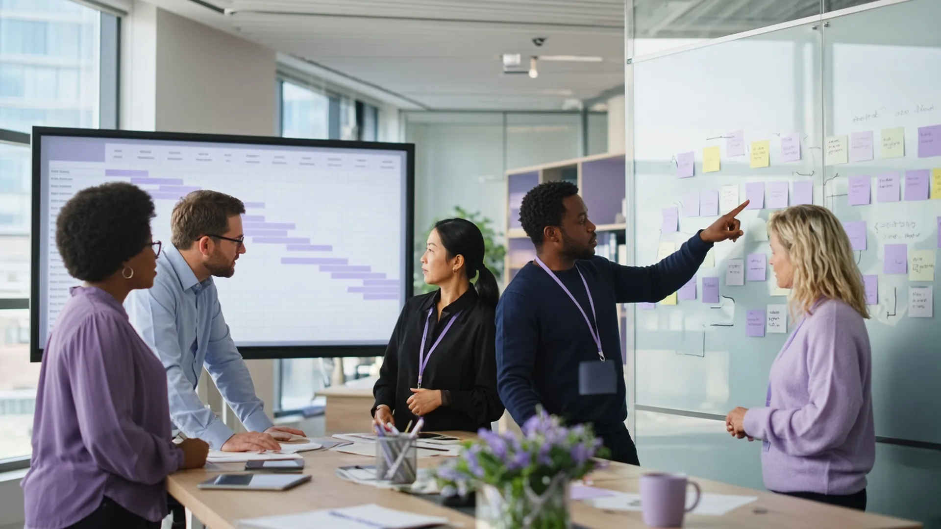 Operations team reviewing a project plan on a screen and a glass wall