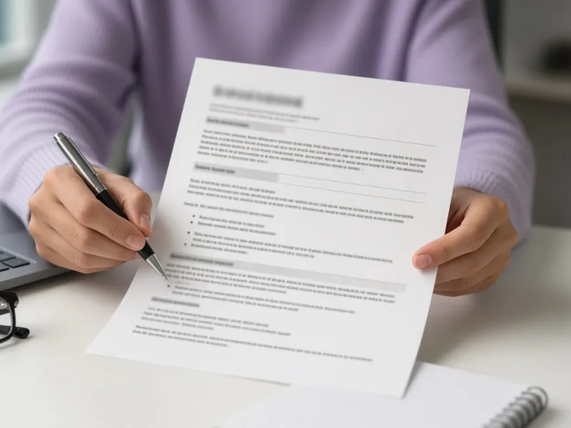 Hands holding a printed CV and making edits with a pen
