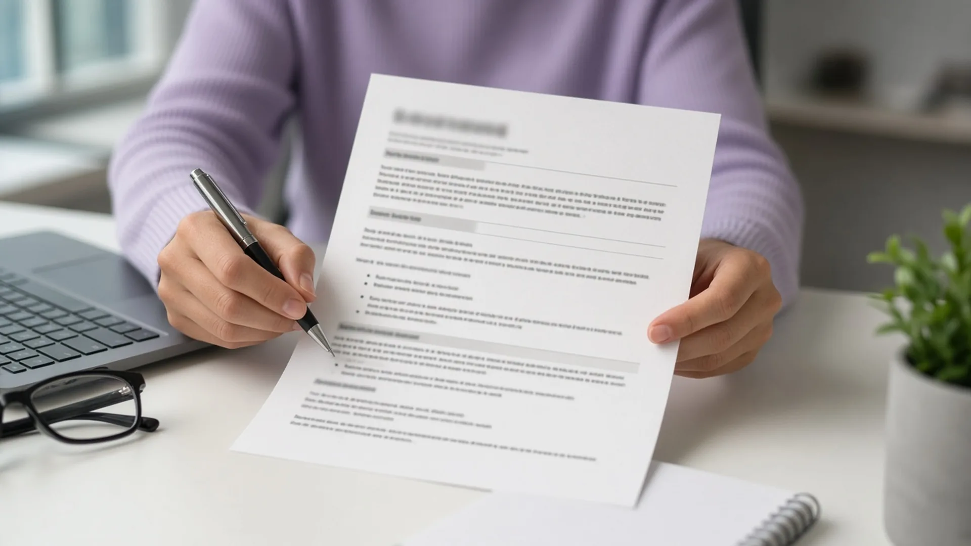 Hands holding a printed CV and making edits with a pen