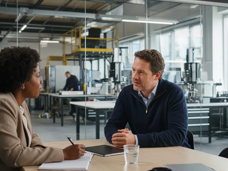 Recruitment consultant meeting an employer at an engineering company