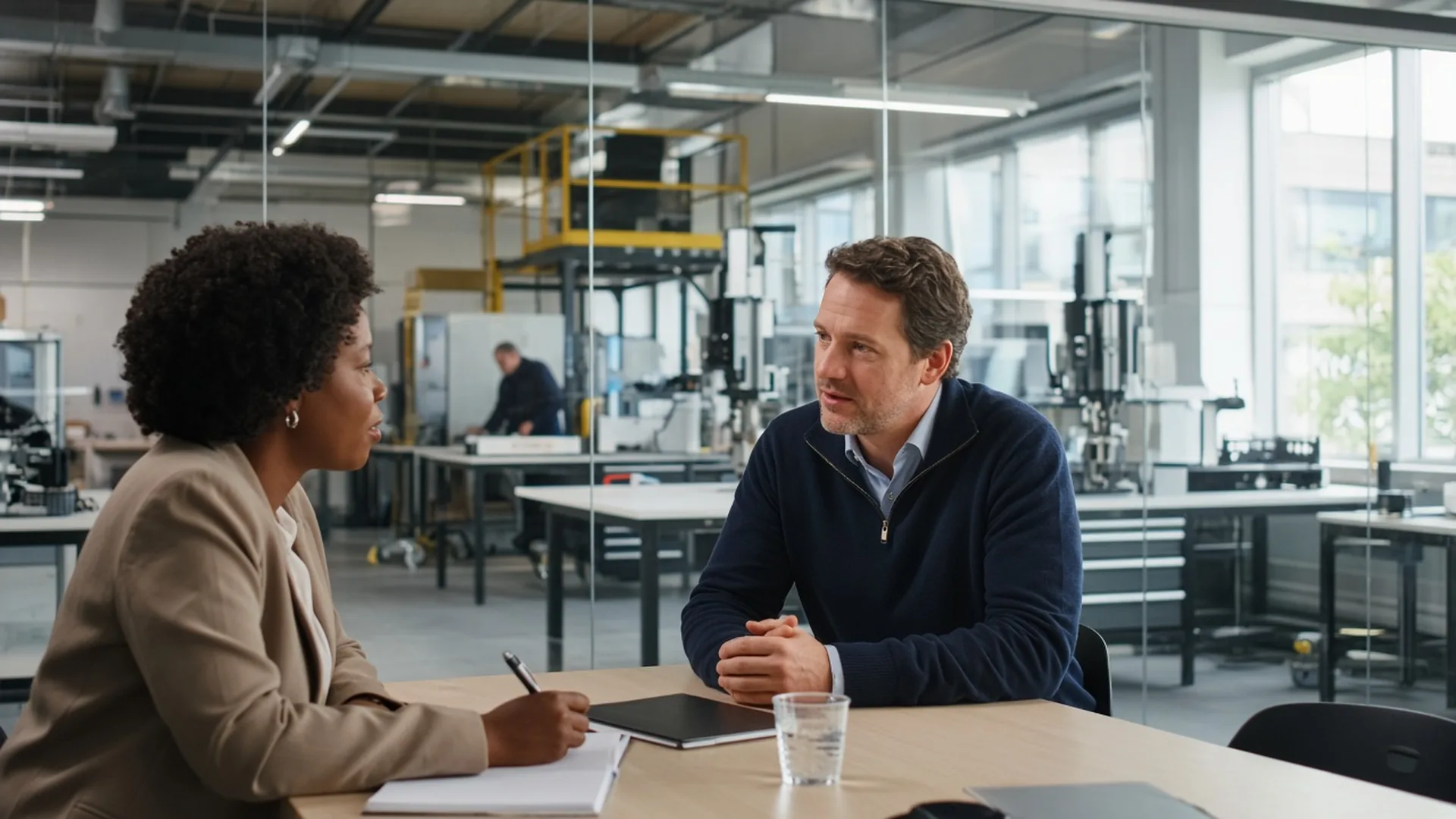 Recruitment consultant meeting an employer at an engineering company