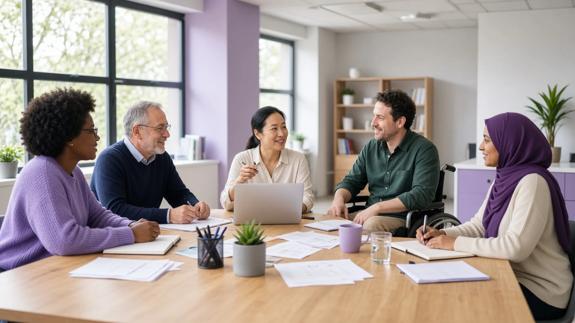 Diverse group of colleagues, including a wheelchair user, working together at a table