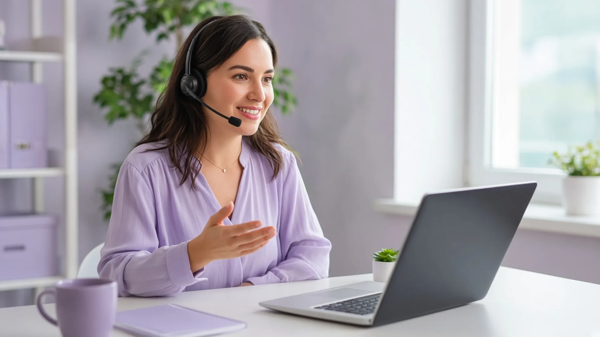 Recruitment consultant wearing a headset answering a question on a call