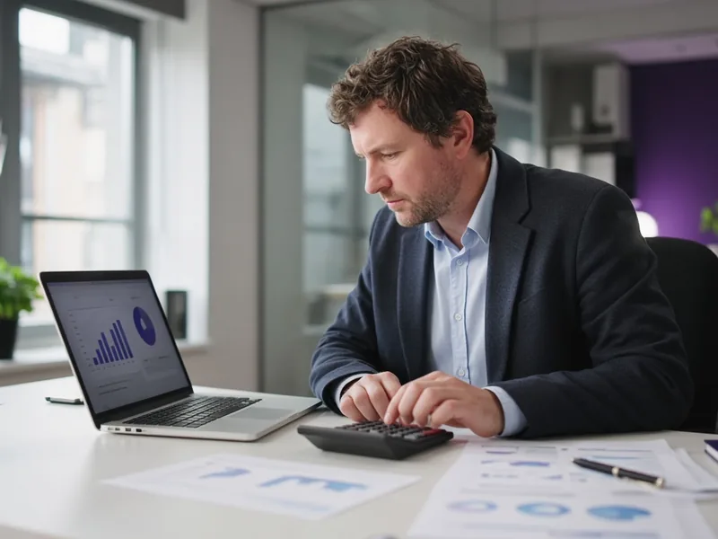 Accountant reviewing financial reports with a laptop and calculator