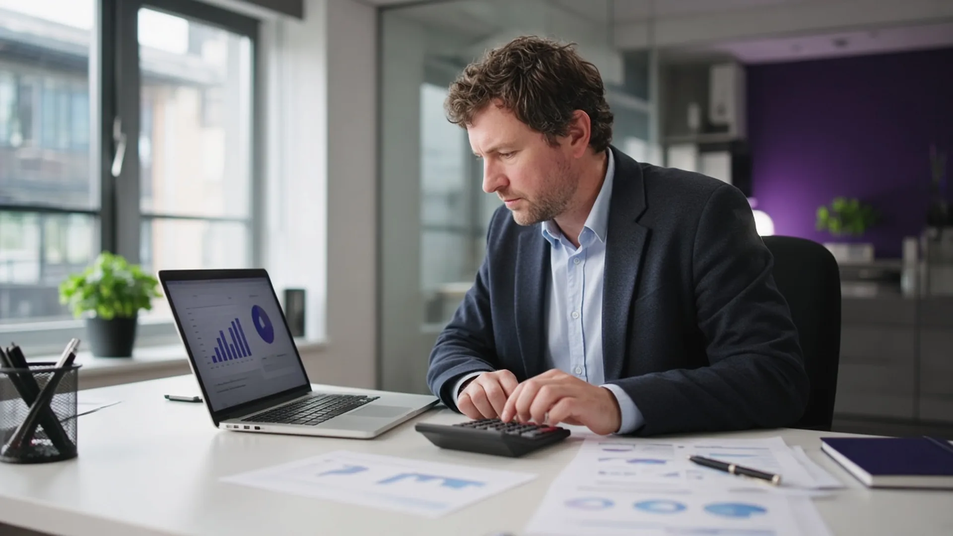 Accountant reviewing financial reports with a laptop and calculator