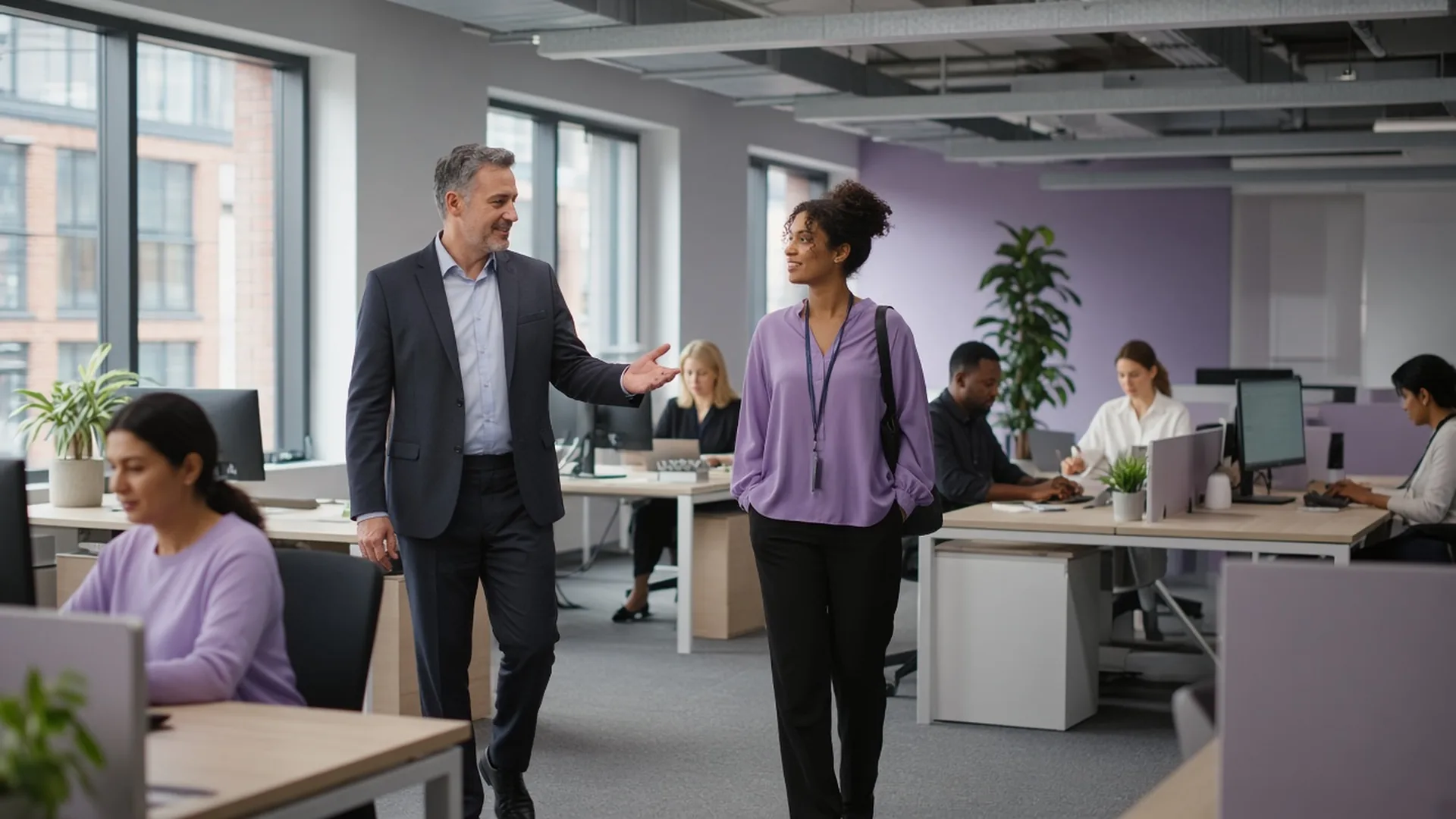Manager showing a new employee around an open-plan office