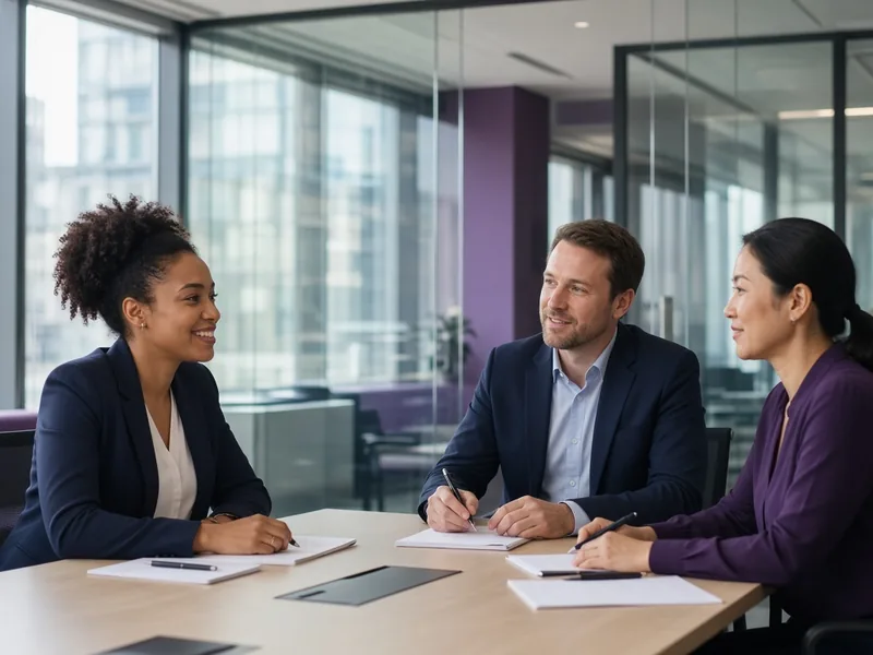 Candidate smiling during a job interview with two interviewers