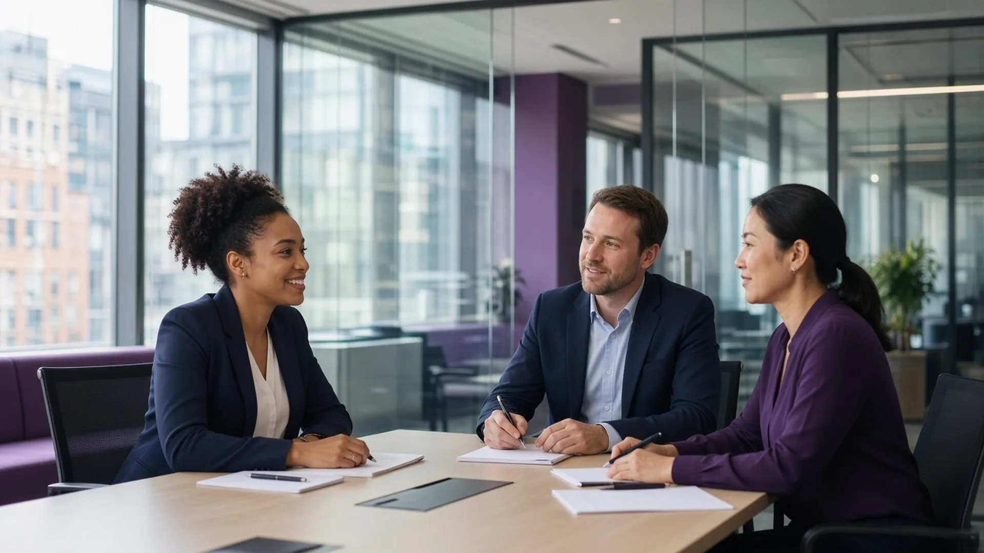 Candidate smiling during a job interview with two interviewers