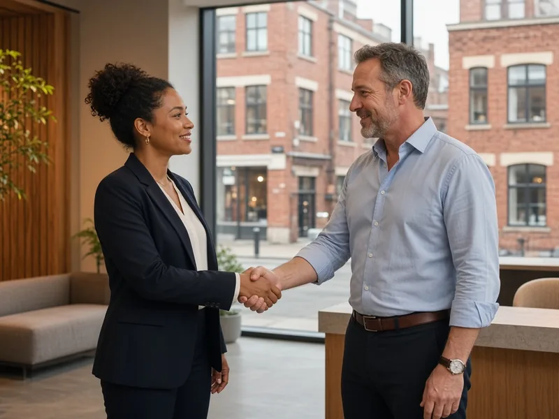 Recruitment consultant shaking hands with a business owner in an office reception