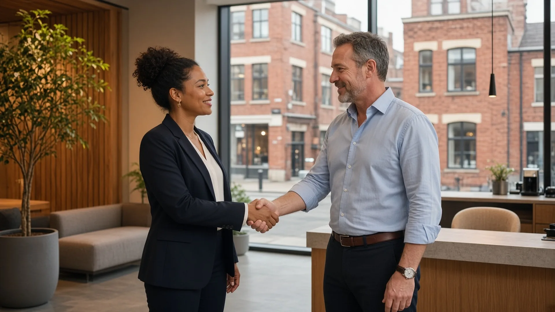 Recruitment consultant shaking hands with a business owner in an office reception