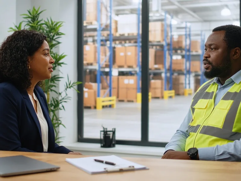 Recruitment consultant talking with a warehouse operations manager