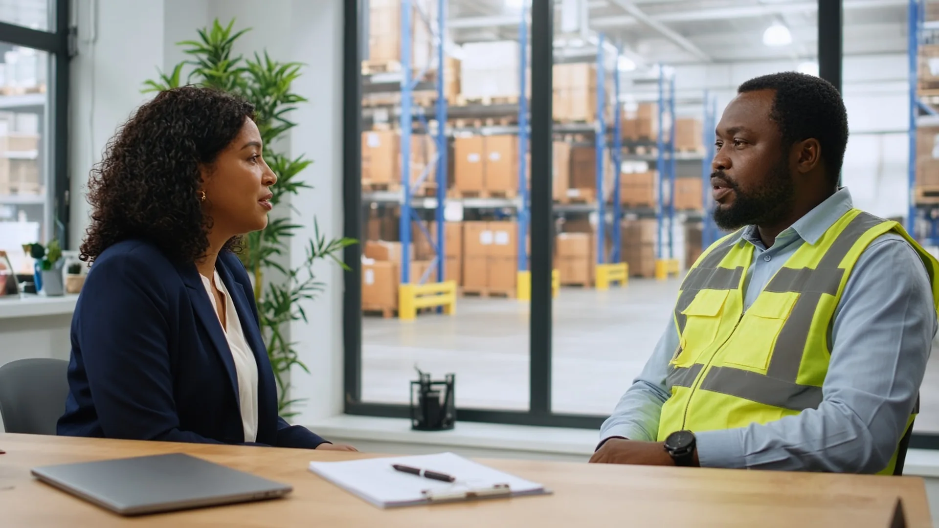 Recruitment consultant talking with a warehouse operations manager