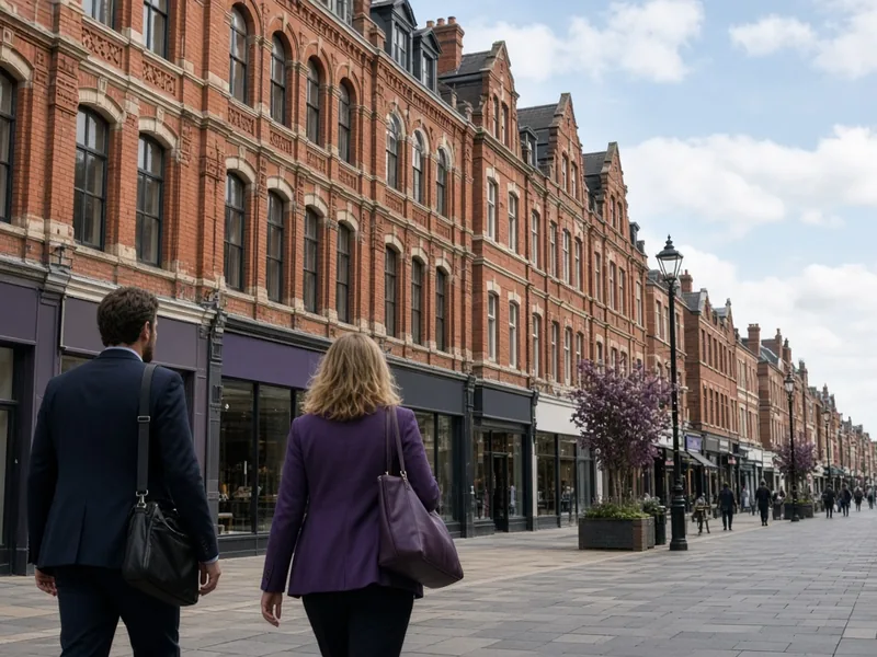 Professionals walking along a red-brick city centre street