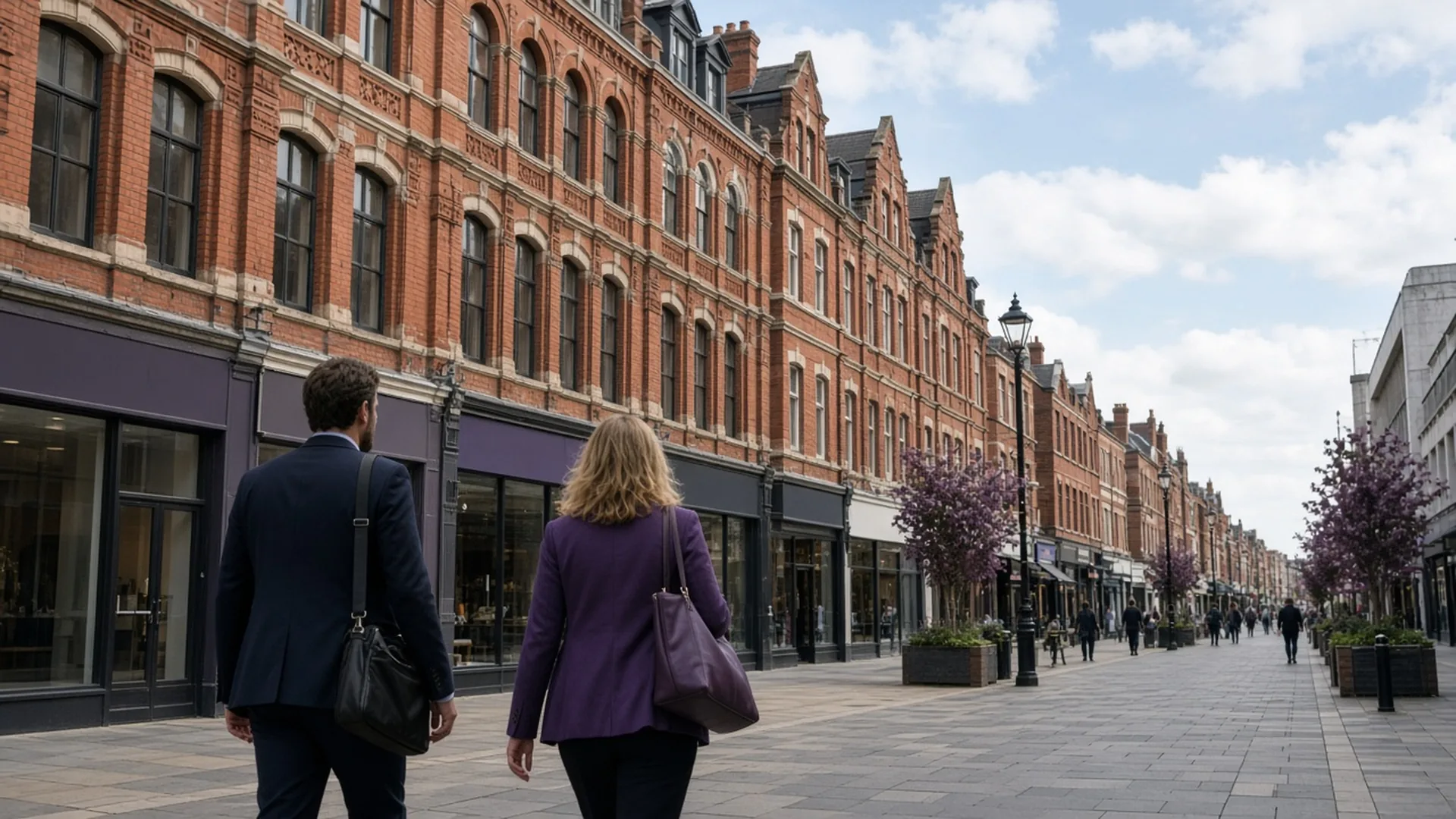 Professionals walking along a red-brick city centre street