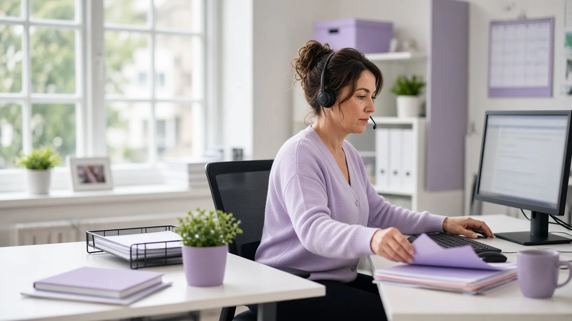 Office administrator organising files at a tidy desk