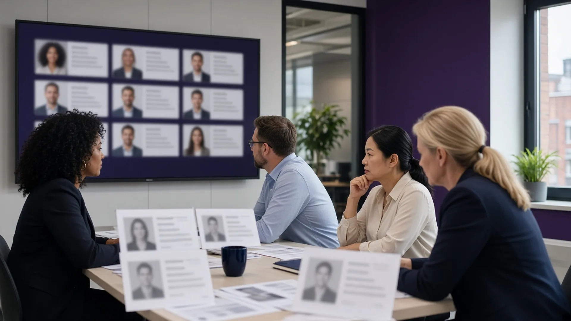 Recruitment team reviewing a candidate shortlist in a meeting room