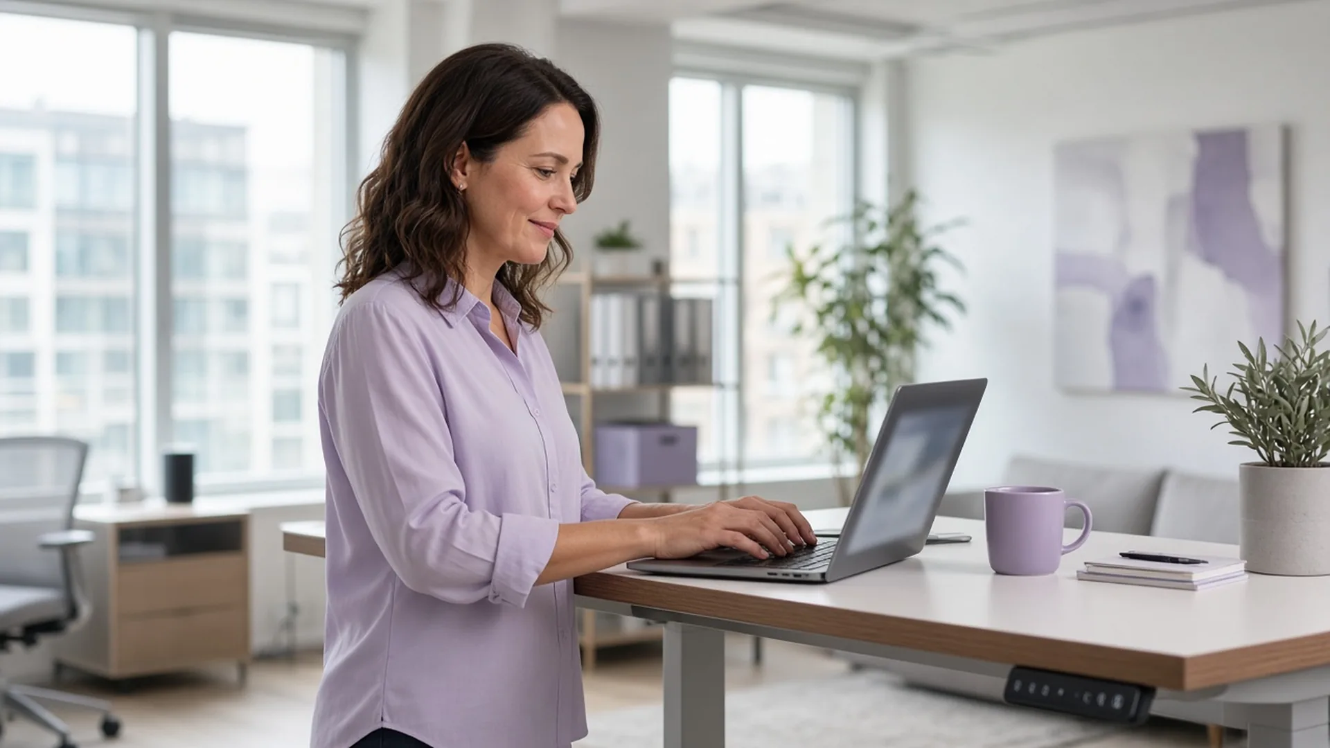 Hiring manager typing a job vacancy on a laptop at a standing desk