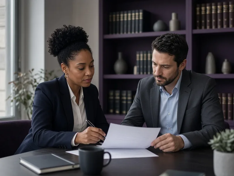 Two professionals discussing a document in a consultancy office