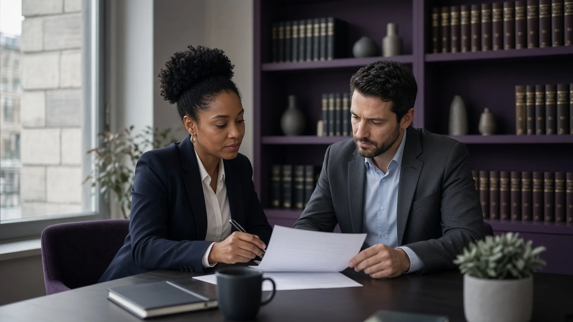 Two professionals discussing a document in a consultancy office