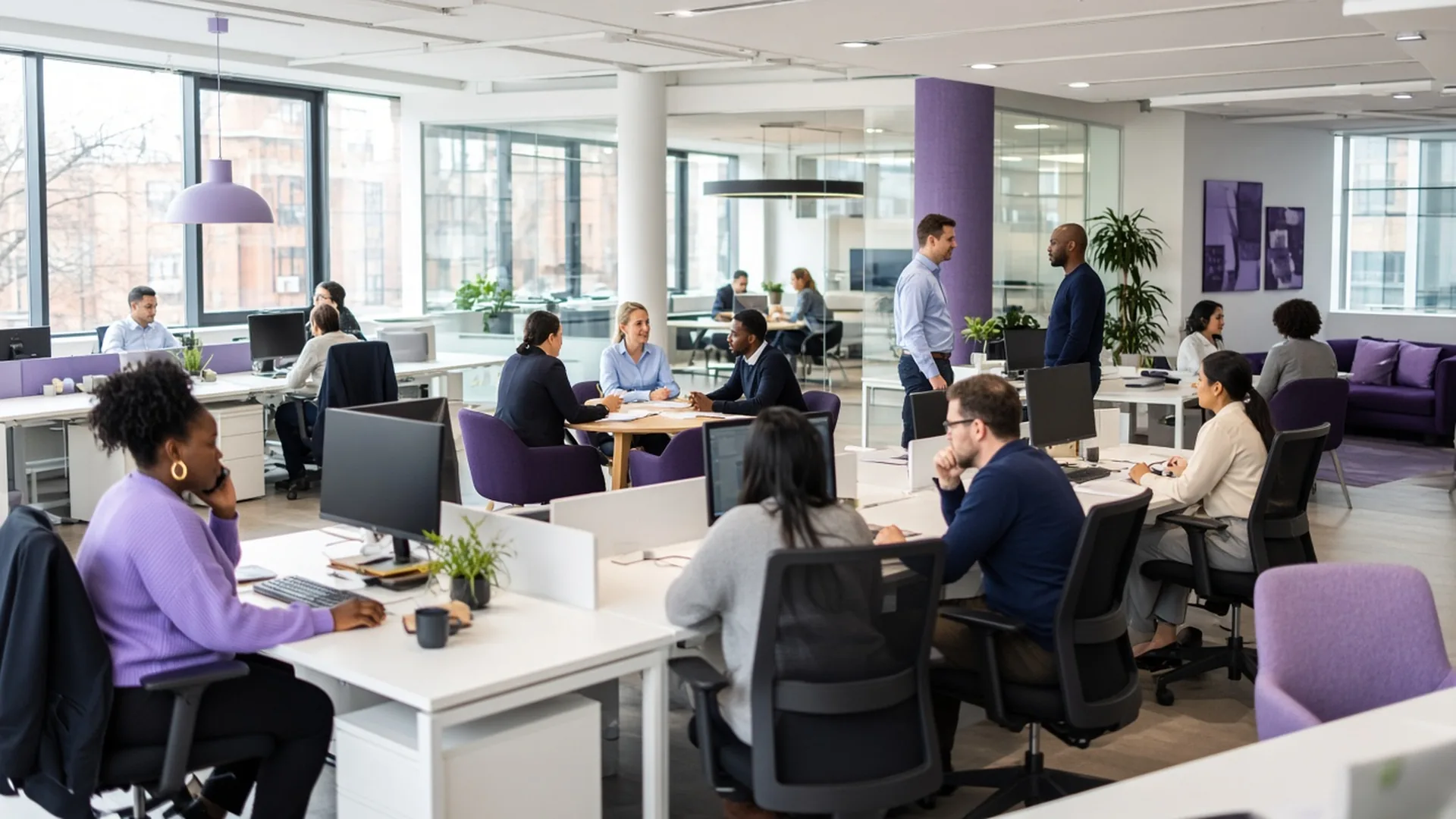 Busy open-plan office with professionals in different roles