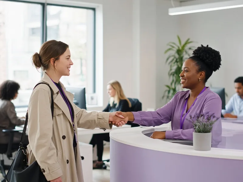 Temporary worker being welcomed at an office reception desk