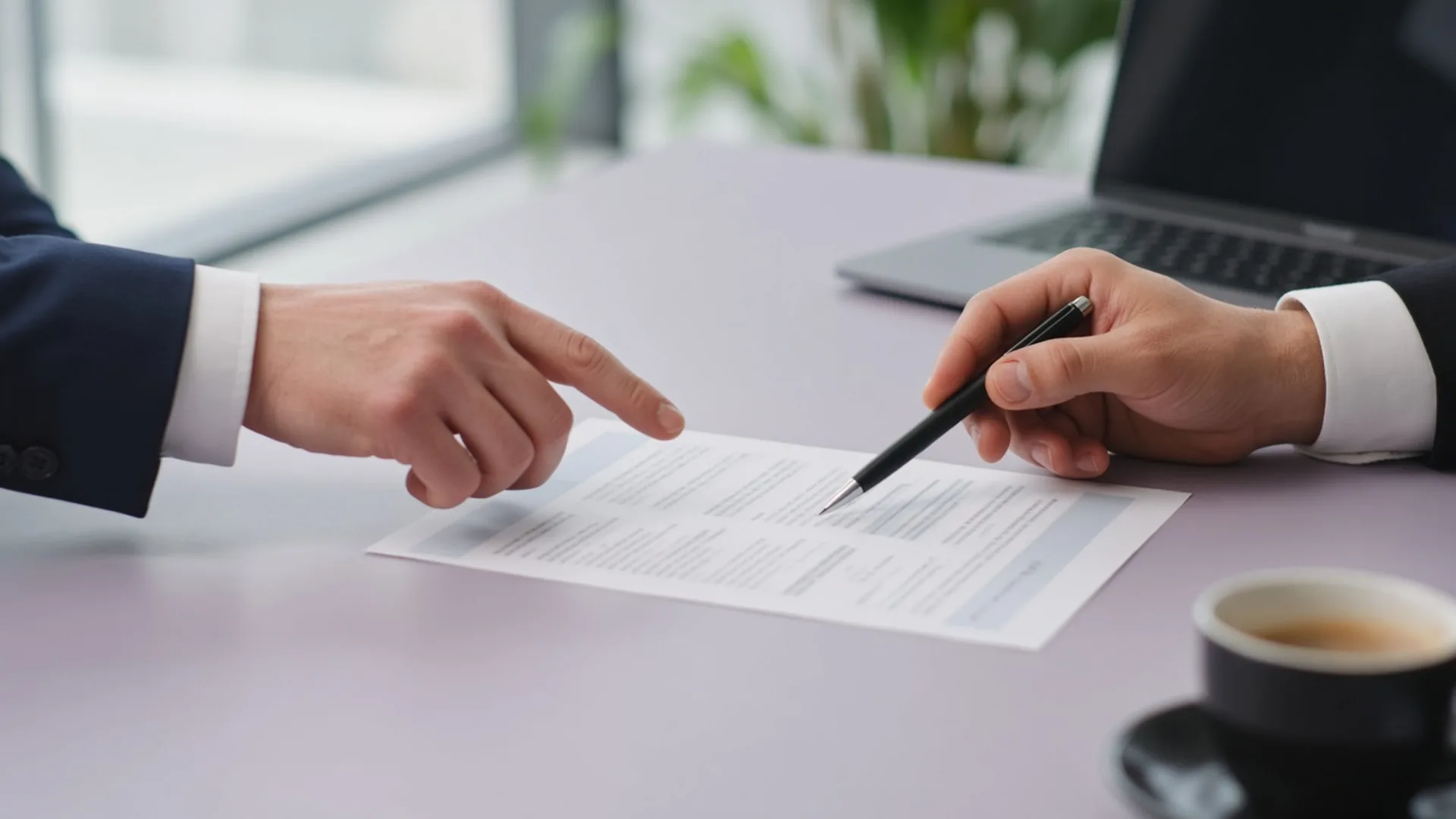 Two professionals reviewing a printed agreement at a desk